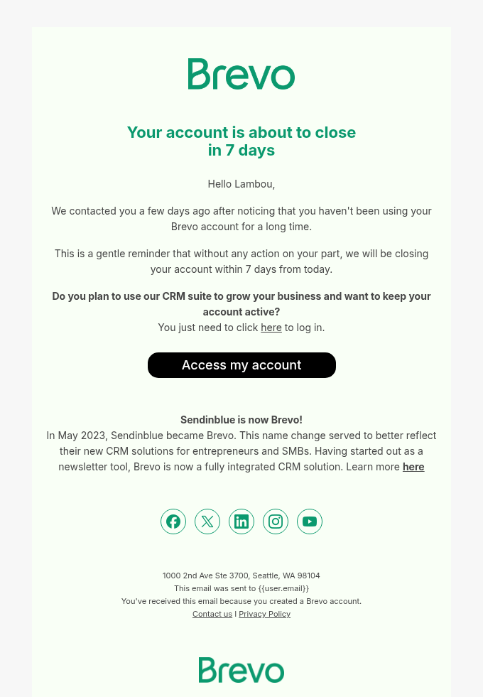 Screenshot of Brevo Reminder: your account is about to be closed email template